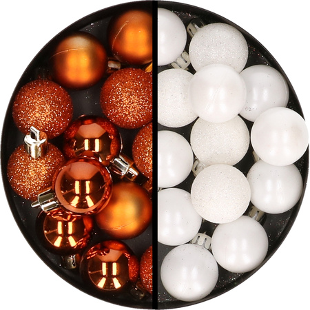 34x stuks kunststof kerstballen oranje en wit 3 cm