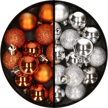 34x stuks kunststof kerstballen oranje en zilver 3 cm
