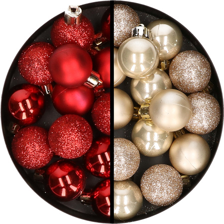 34x stuks kunststof kerstballen rood en champagne 3 cm