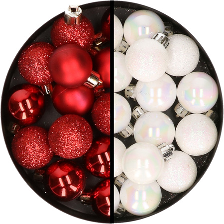 34x stuks kunststof kerstballen rood en parelmoer wit 3 cm
