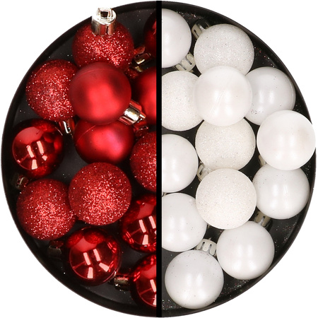 34x stuks kunststof kerstballen rood en wit 3 cm