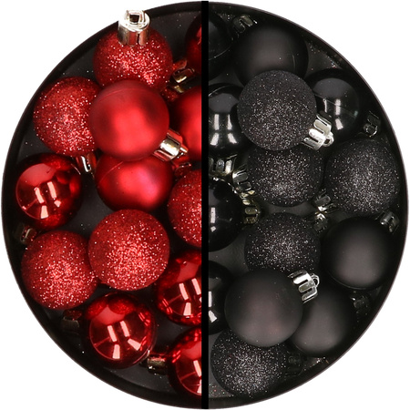34x stuks kunststof kerstballen rood en zwart 3 cm