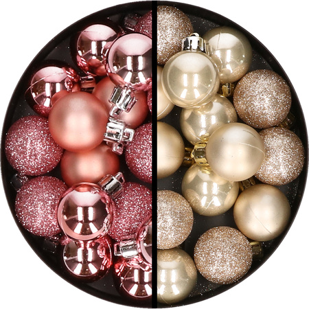 34x pcs plastic christmas baubles pink and champagne 3 cm