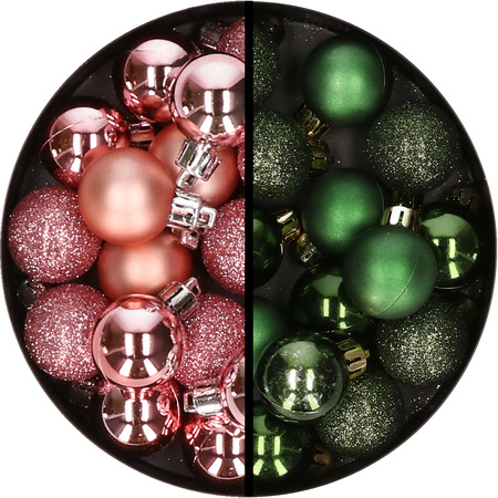 34x stuks kunststof kerstballen roze en donkergroen 3 cm