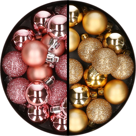 34x pcs plastic christmas baubles pink and gold 3 cm