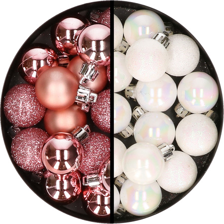 34x pcs plastic christmas baubles pink and pearl white 3 cm