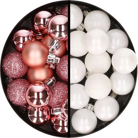 34x pcs plastic christmas baubles pink and white 3 cm