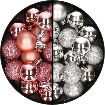 34x pcs plastic christmas baubles pink and silver 3 cm