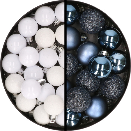 34x stuks kunststof kerstballen wit en donkerblauw 3 cm
