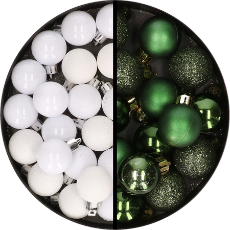 34x stuks kunststof kerstballen wit en donkergroen 3 cm