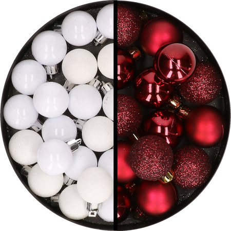 34x stuks kunststof kerstballen wit en donkerrood 3 cm