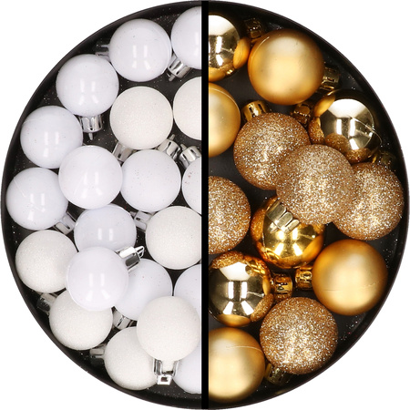 34x stuks kunststof kerstballen wit en goud 3 cm