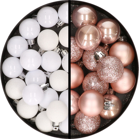 34x stuks kunststof kerstballen wit en lichtroze 3 cm