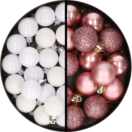 34x stuks kunststof kerstballen wit en oudroze 3 cm