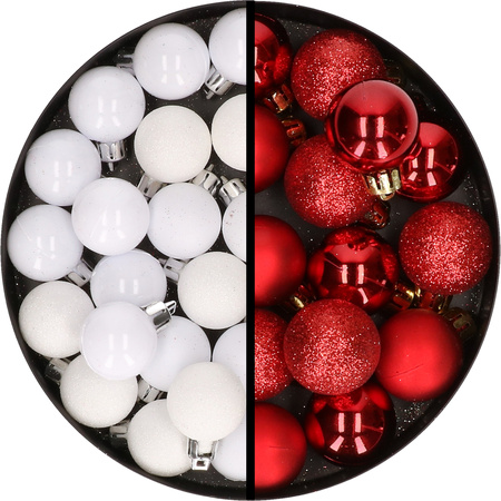 34x stuks kunststof kerstballen wit en rood 3 cm
