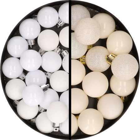 34x pcs plastic christmas baubles white and wool white 3 cm