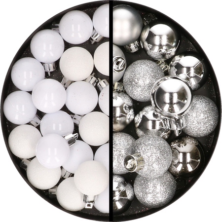 34x pcs plastic christmas baubles white and silver 3 cm