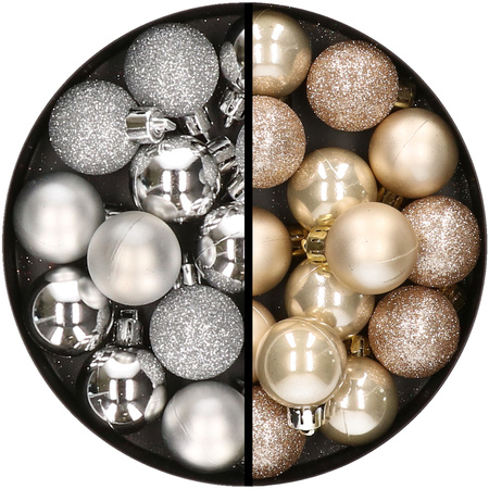 34x stuks kunststof kerstballen zilver en champagne 3 cm