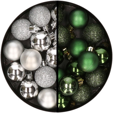 34x stuks kunststof kerstballen zilver en donkergroen 3 cm