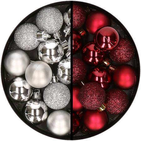 34x stuks kunststof kerstballen zilver en donkerrood 3 cm