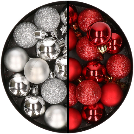 34x stuks kunststof kerstballen zilver en rood 3 cm