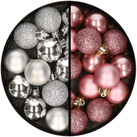 34x stuks kunststof kerstballen zilver en velvet roze 3 cm