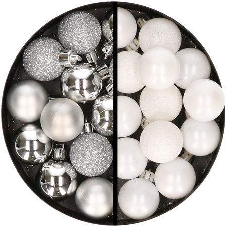 34x pcs plastic christmas baubles silver and white 3 cm