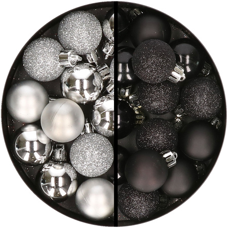 34x stuks kunststof kerstballen zilver en zwart 3 cm