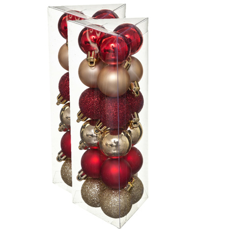36x stuks kerstballen rood/goud glans en mat kunststof 3 cm