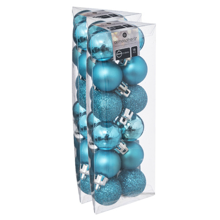 36x stuks kerstballen turquoise blauw glans en mat kunststof 3 cm