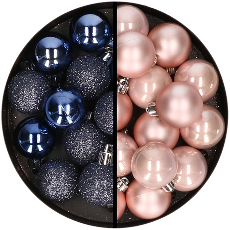 36x stuks kunststof kerstballen donkerblauw en lichtroze 3 en 4 cm