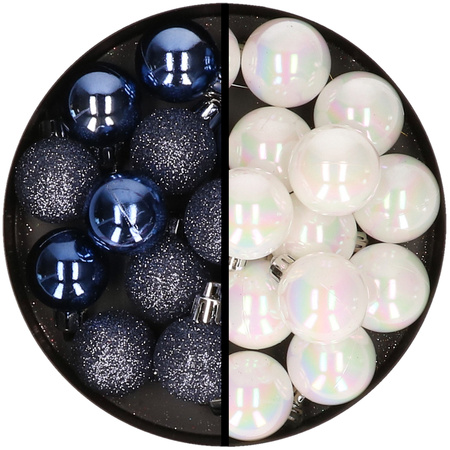 36x stuks kunststof kerstballen donkerblauw en parelmoer wit 3 en 4 cm