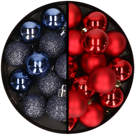 36x stuks kunststof kerstballen donkerblauw en rood 3 en 4 cm