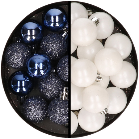 36x stuks kunststof kerstballen donkerblauw en wit 3 en 4 cm