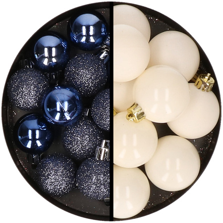 36x stuks kunststof kerstballen donkerblauw en wol wit 3 en 4 cm