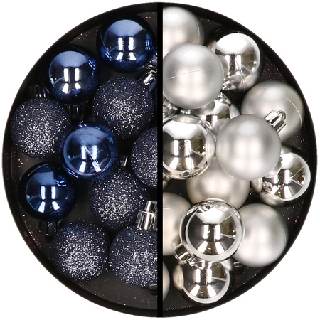 36x stuks kunststof kerstballen donkerblauw en zilver 3 en 4 cm