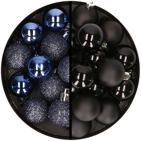36x stuks kunststof kerstballen donkerblauw en zwart 3 en 4 cm