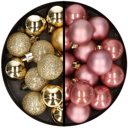 36x pcs plastic christmas baubles gold and dusty pink 3 and 4 cm