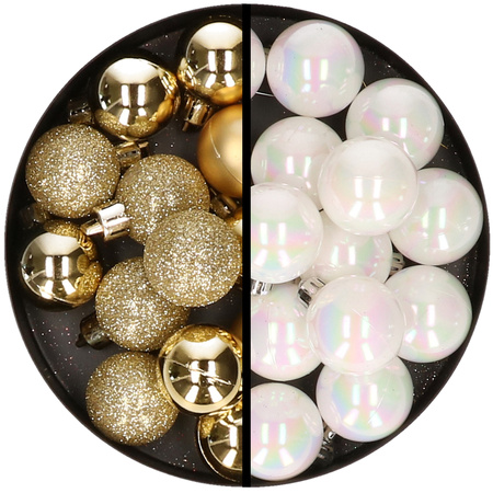 36x pcs plastic christmas baubles gold and pearlescent white 3 and 4 cm