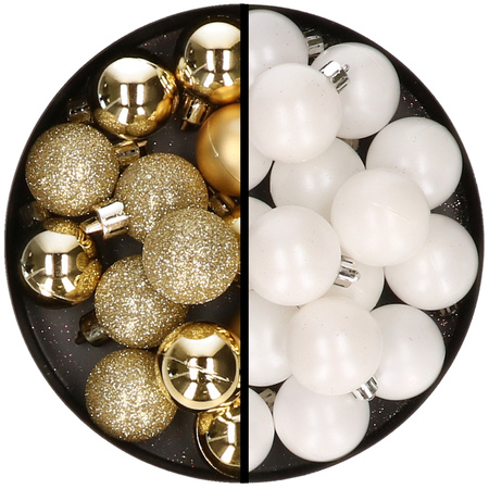 36x pcs plastic christmas baubles gold and white 3 and 4 cm