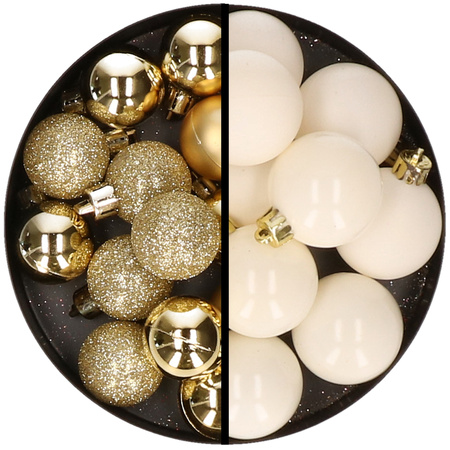36x pcs plastic christmas baubles gold and wool white 3 and 4 cm