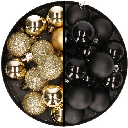 36x pcs plastic christmas baubles gold and black 3 and 4 cm