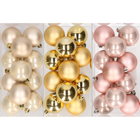 36x stuks kunststof kerstballen mix van champagne, goud en lichtroze 6 cm