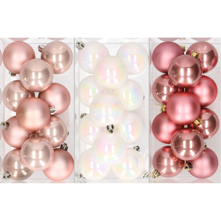 36x stuks kunststof kerstballen mix van lichtroze, parelmoer wit en oudroze 6 cm
