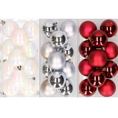 36x Christmas baubles mix of pealescent white, silver and christmas red 6 cm plastic matte/shiny
