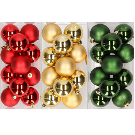 36x Christmas baubles mix of red, gold and darkgreen 6 cm plastic matte/shiny