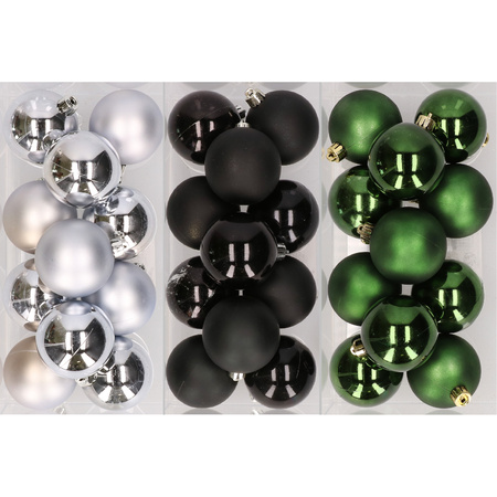 36x stuks kunststof kerstballen mix van zilver, zwart en donkergroen 6 cm