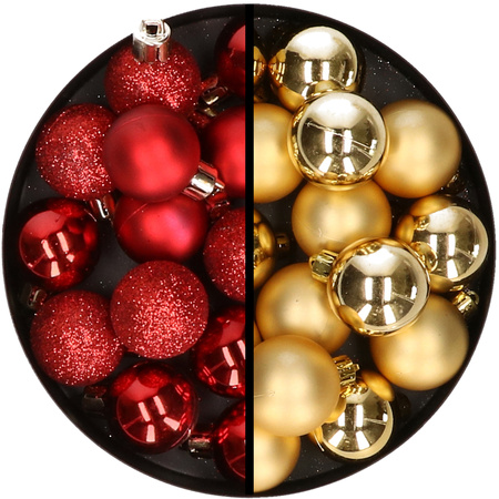 36x pcs plastic christmas baubles red and gold 3 and 4 cm