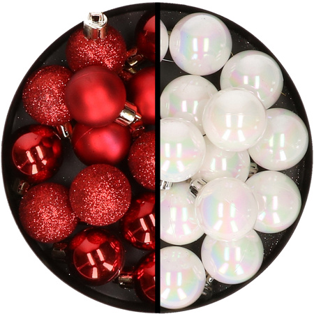 36x stuks kunststof kerstballen rood en parelmoer wit 3 en 4 cm