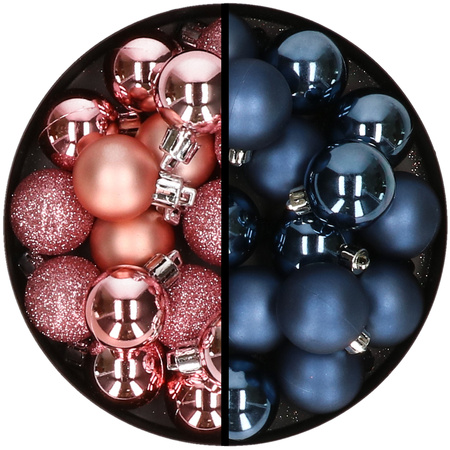 36x stuks kunststof kerstballen roze en donkerblauw 3 en 4 cm